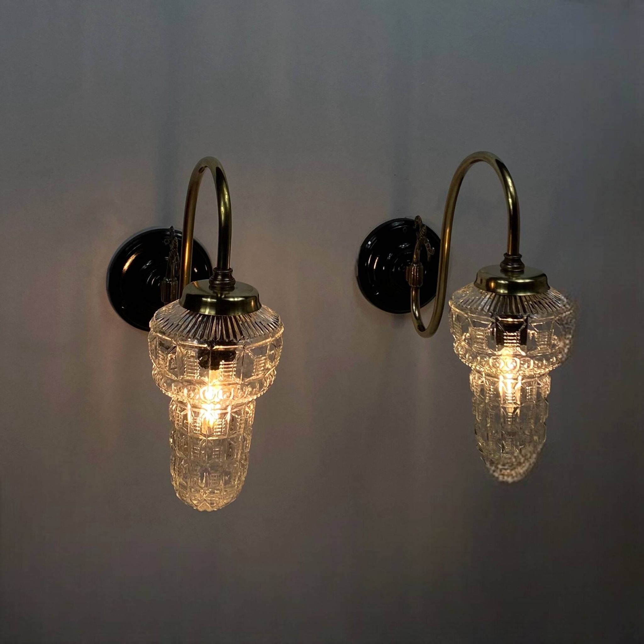Large pair of old wall lights globe glass swan neck brass rosette porcelain LAMP-7169