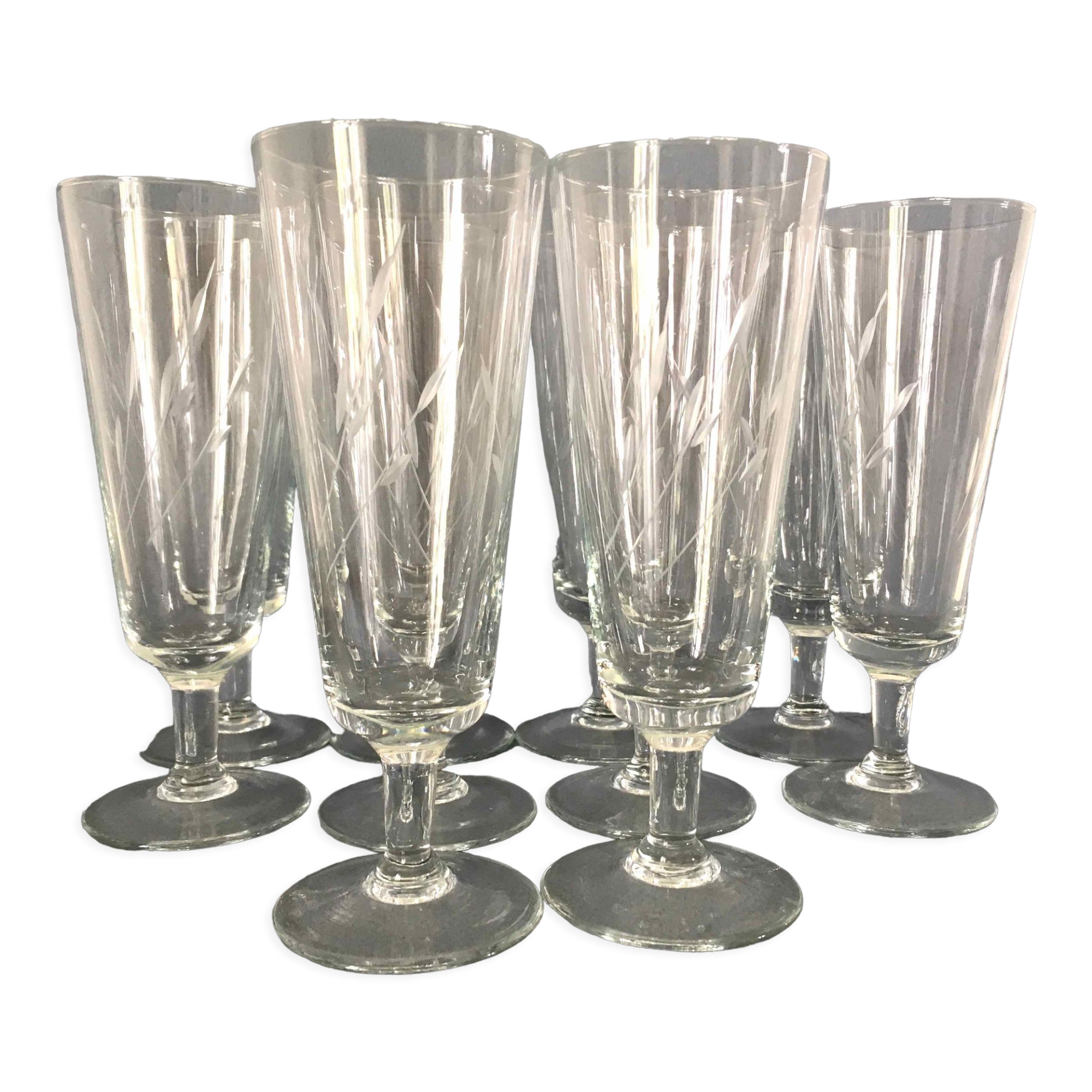 Set of 10 chiseled crystal champagne flutes