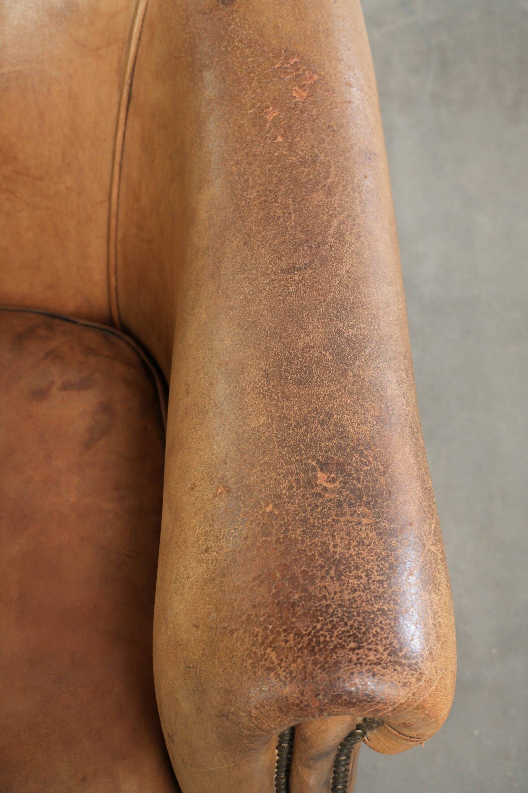 Fauteuil club en peau de mouton confortable de couleur cognac.