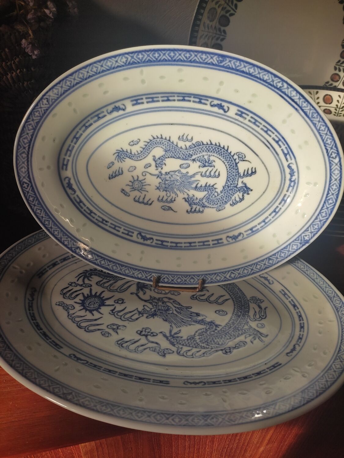 Vintage Chinese oval dishes, dragon pattern