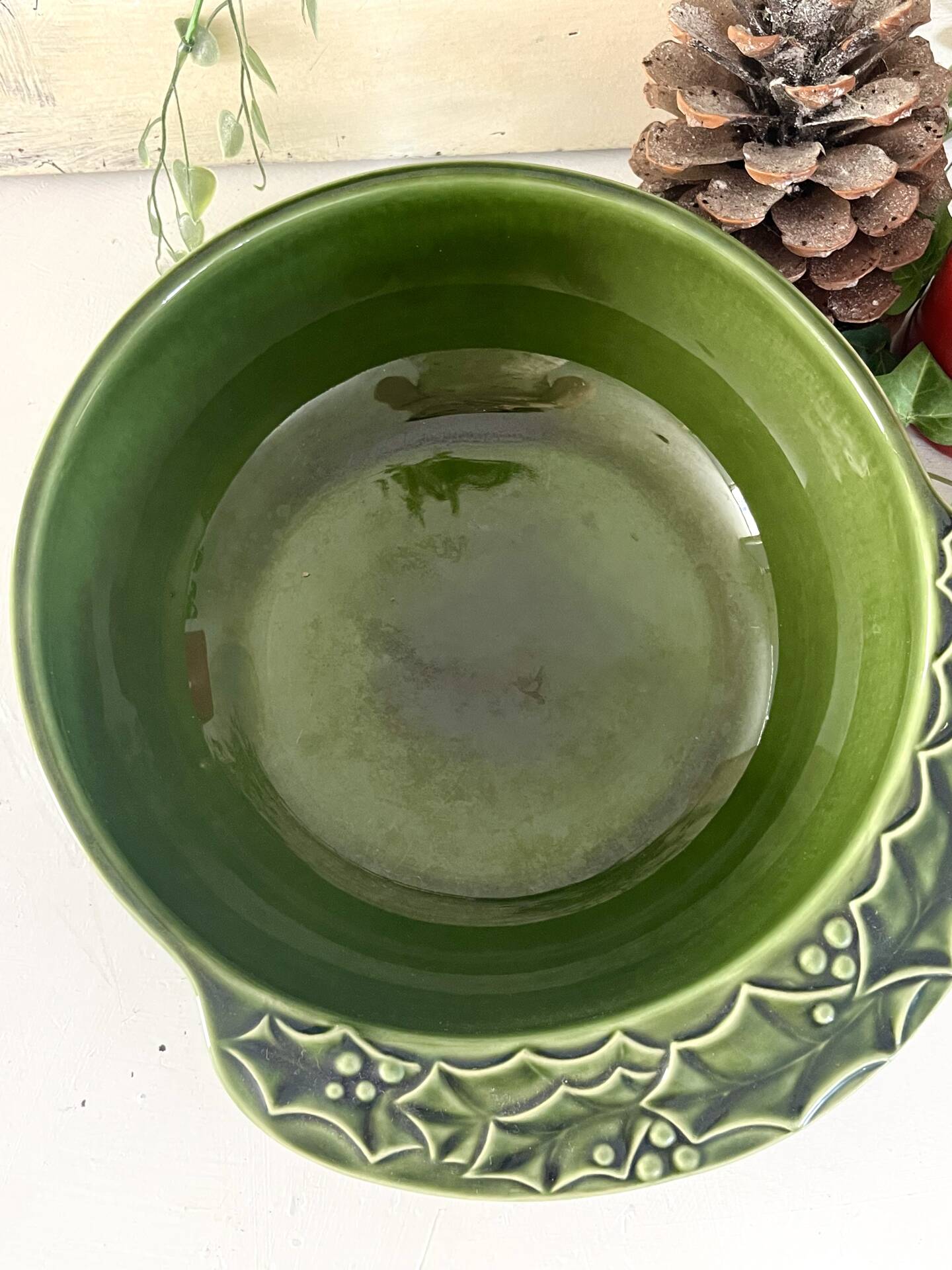 Christmas serving bowl, French BCI holly ceramic bowl, green glazed