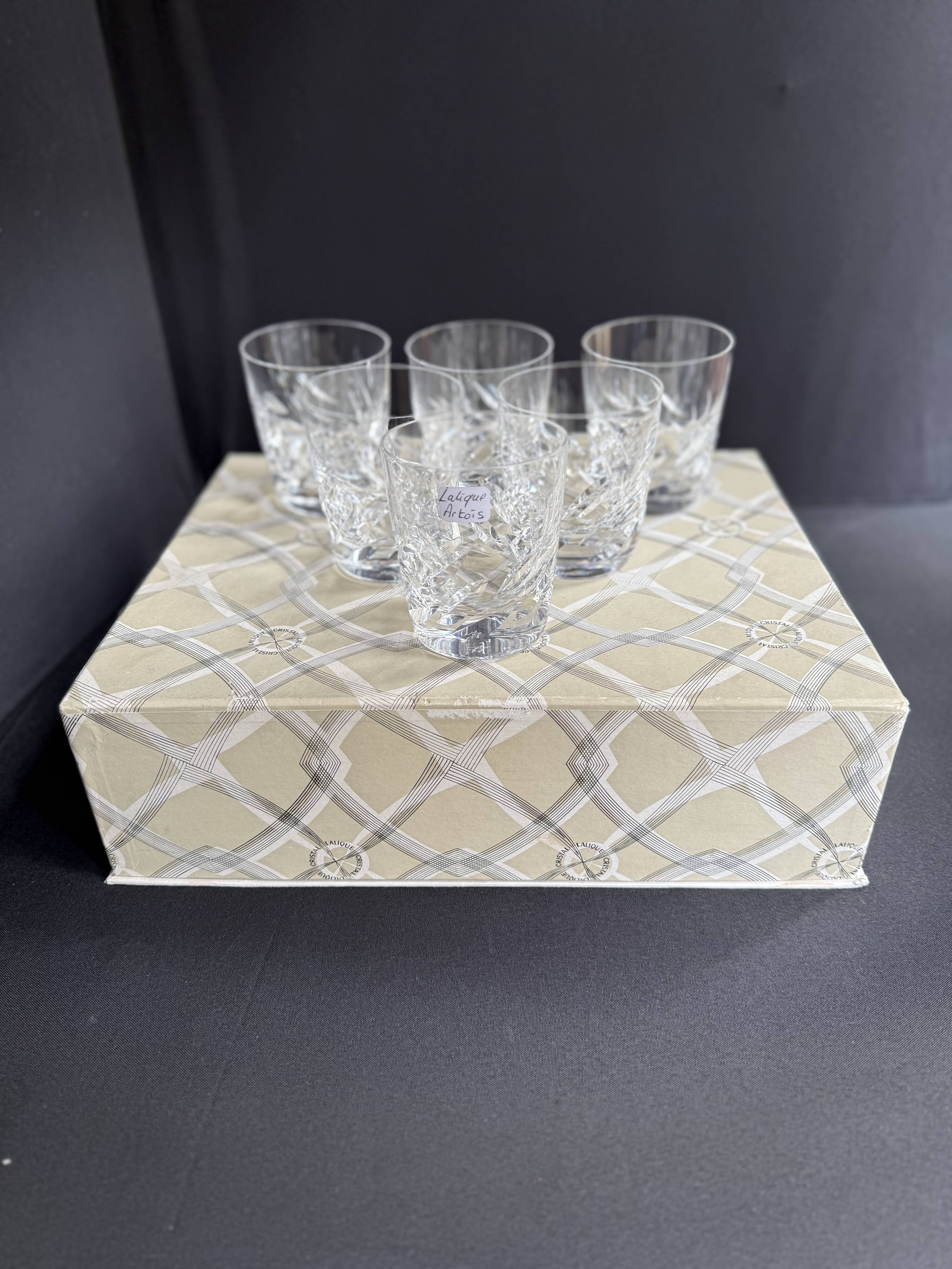 6 Lalique France Artois whisky glasses in a box
