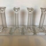 Four old square molded glass candlesticks