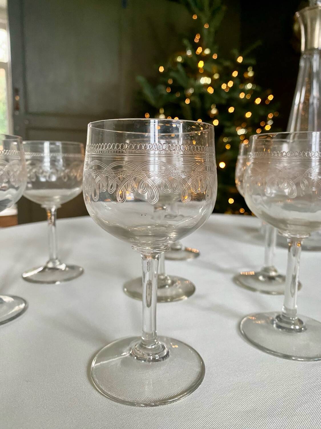 Set of 7 old etched glass stemware