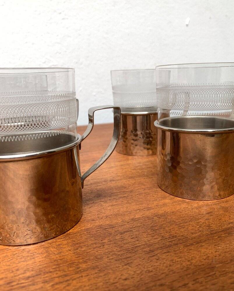 Vintage tea glasses RDA from East Germany by MUQ, Metallwarenfabrik Union Quedlinburg, set of 4.