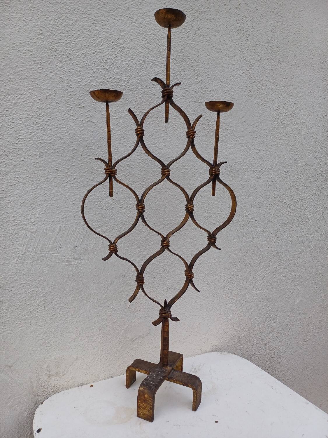 Large hammered wrought iron table candlesticks, gilded, 1950s, 60s