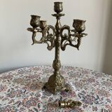 Large brass candlestick with 5 lights and its accessory for extinguishing candles