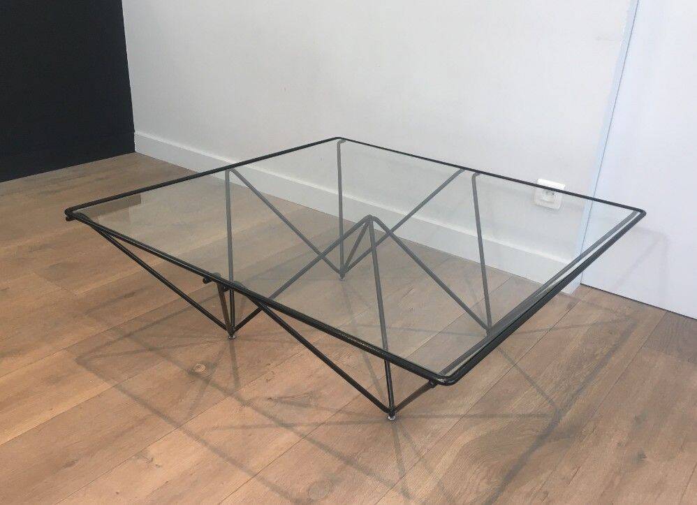 Black lacquered metal coffee table with a clear glass top. Attributed to Paolo Piva.