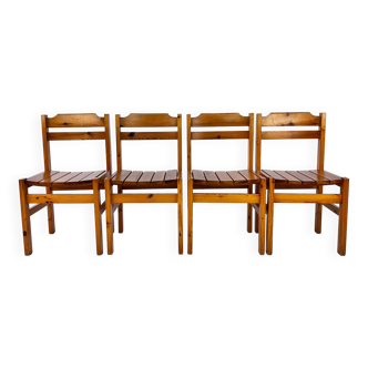 Set of 4 Vintage Pine Chairs, France, 1970s