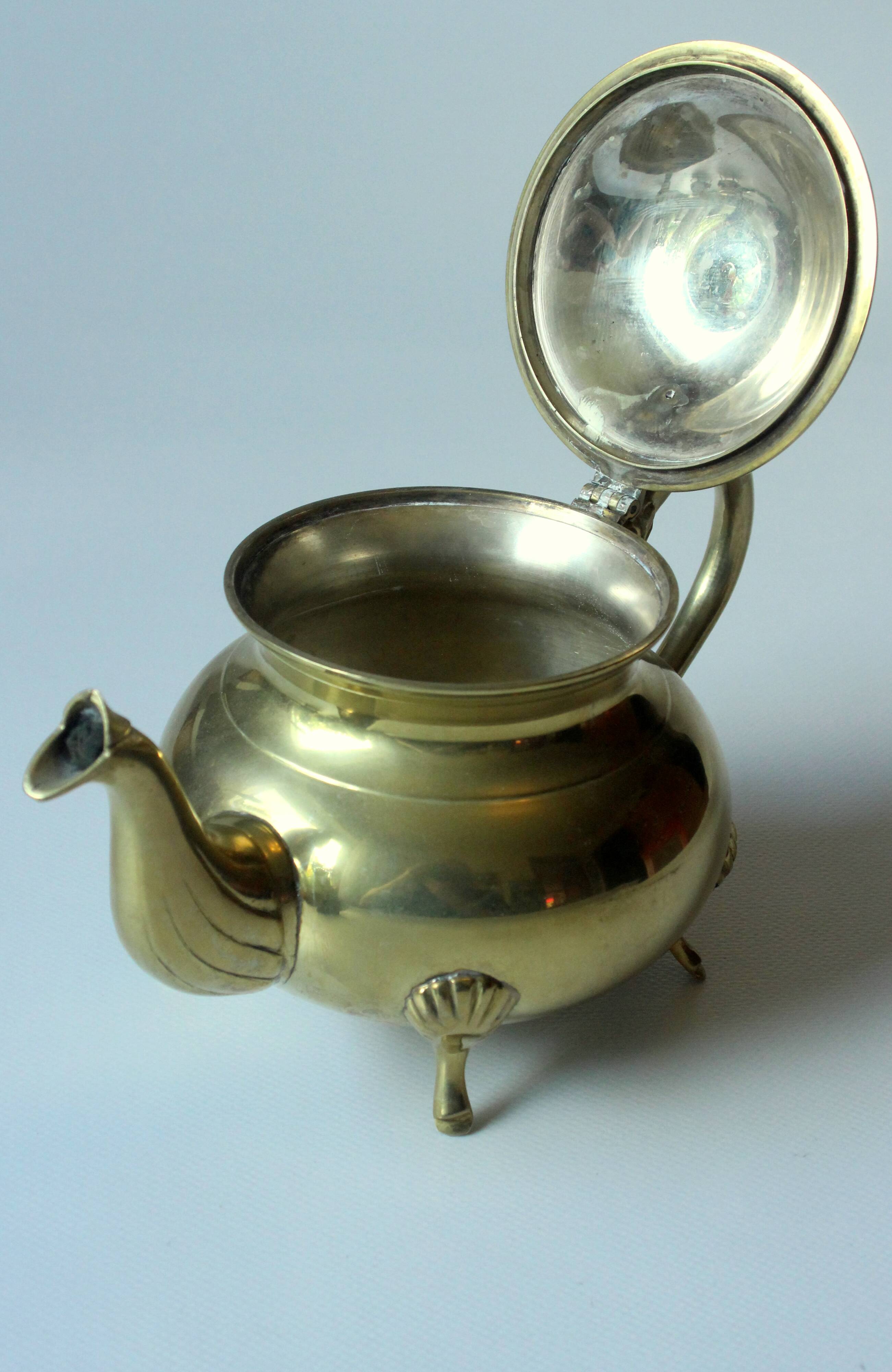 Metal teapot gold plated, inside silver plated, with milk pot and sugar bowl as a set, vintage