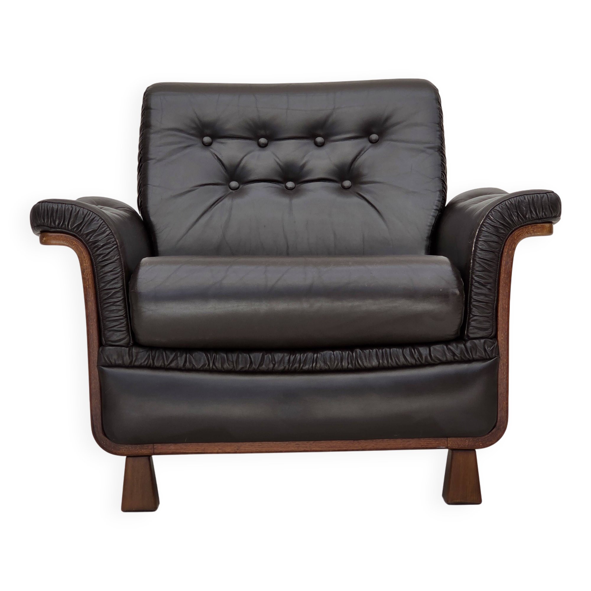 1970s, Scandinavian armchair, brown furniture leather, teak wood legs.