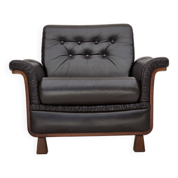 1970s, Scandinavian armchair, brown furniture leather, teak wood legs.