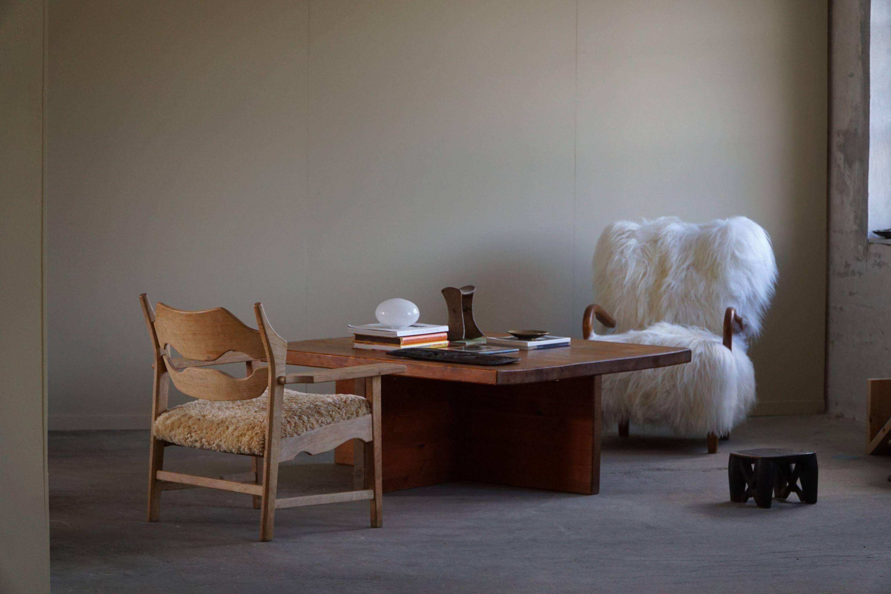 Modern Swedish coffee table in solid pine by Sven Larsson, brutalist, 1970s.