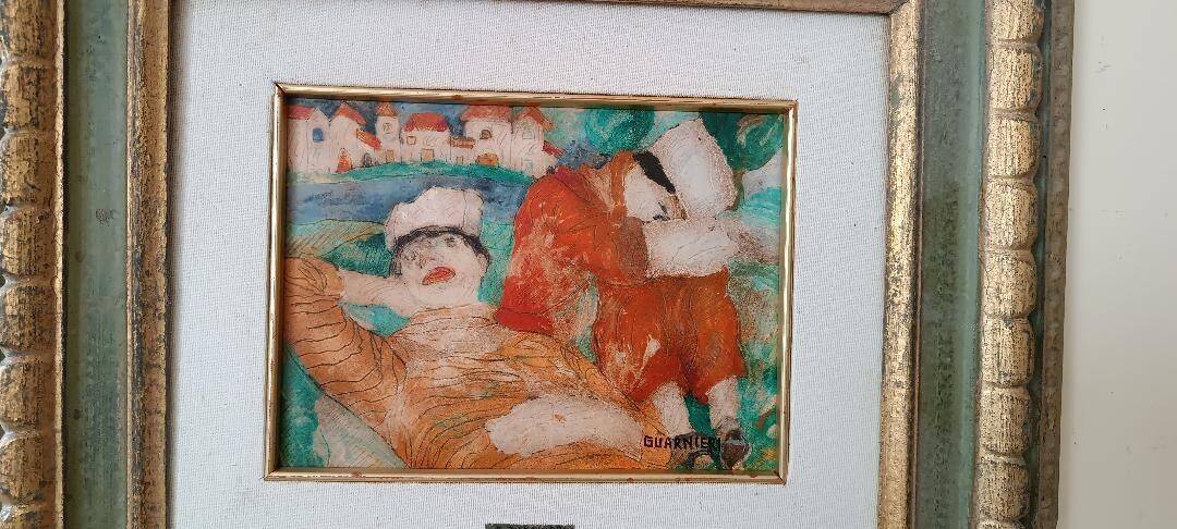 Figurative oil painting on cardboard with frame 1982 Guarnieri Carlo