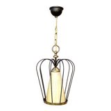 Massive vintage pendant light – brass, black metal and striped glass – 1950s