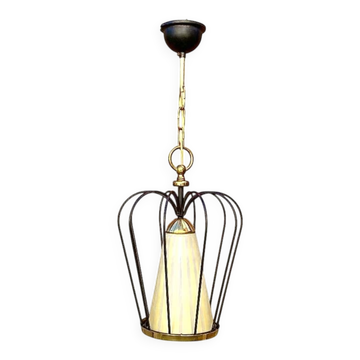 Brass suspension, black metal and striped glass attributed to Massive, 1950s.