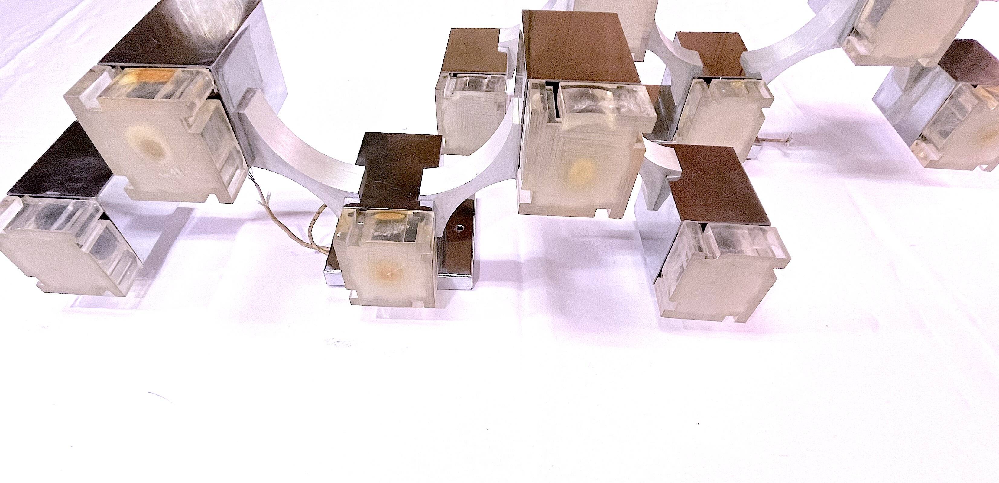 Sciolari, "Cubic" pair of large chrome wall lights, Space Age, Italy 1970