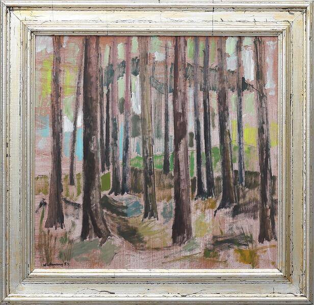 Original mid-century Swedish oil on panel – “Tree Trunks” by Harry Wichmann – dated 1953 – vintage & framed – 69 × 71 cm