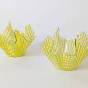 Pair of "Gingham" Chance Brothers cups with yellow checkered pattern and wavy edges.