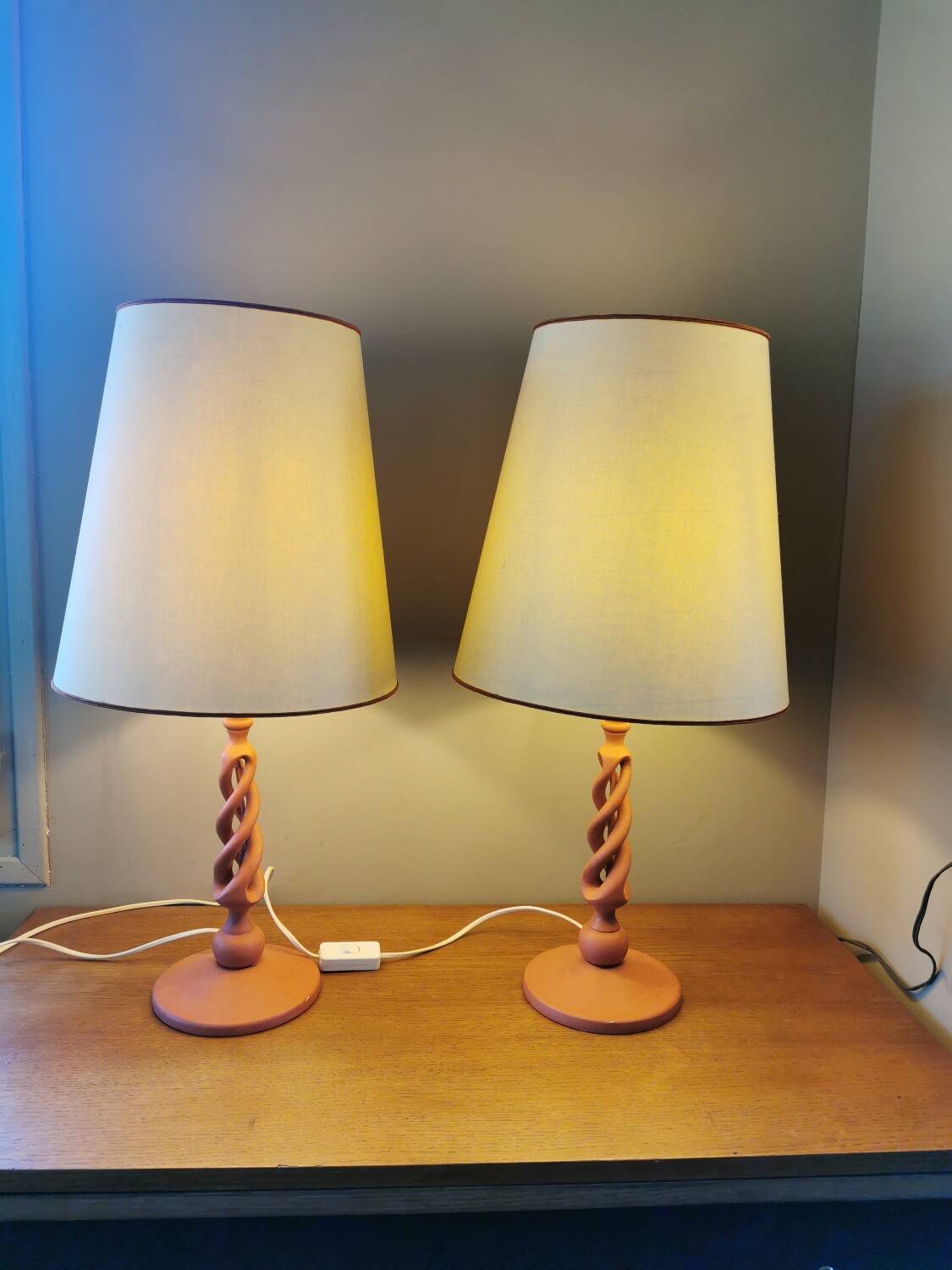 Pair of vintage twisted wood lamps