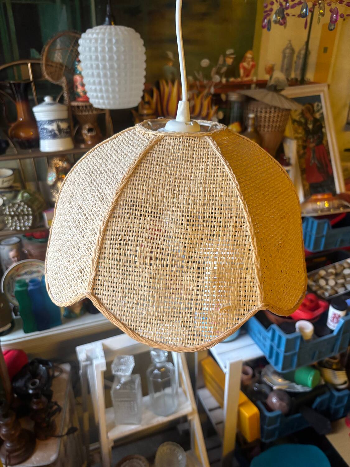 Vintage woven straw bell pendant light