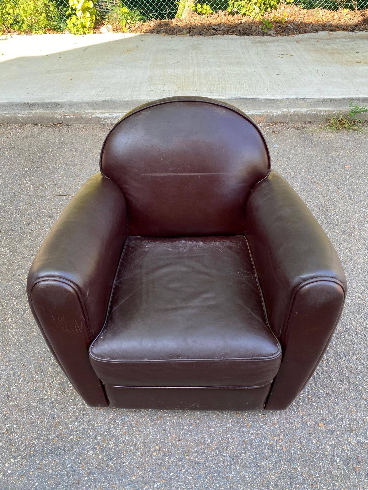 Burgundy brown leather living room sofa and club chair