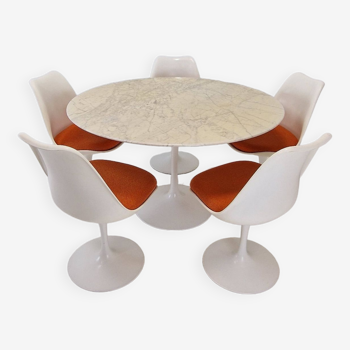 Knoll Marble Dining Table With 5 Chairs by Eero Saarinen, 1960s