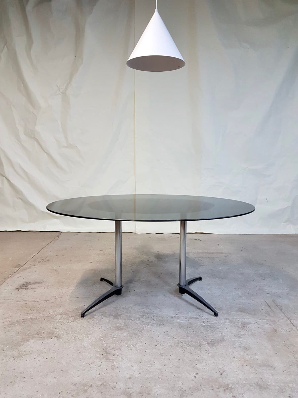 Vtg Mid Century 4 - 6 Seat Glass Aluminium Pedestal Dining Table Retro 60s 70s