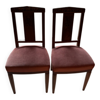 Set of 2 wooden chairs with padded seats.