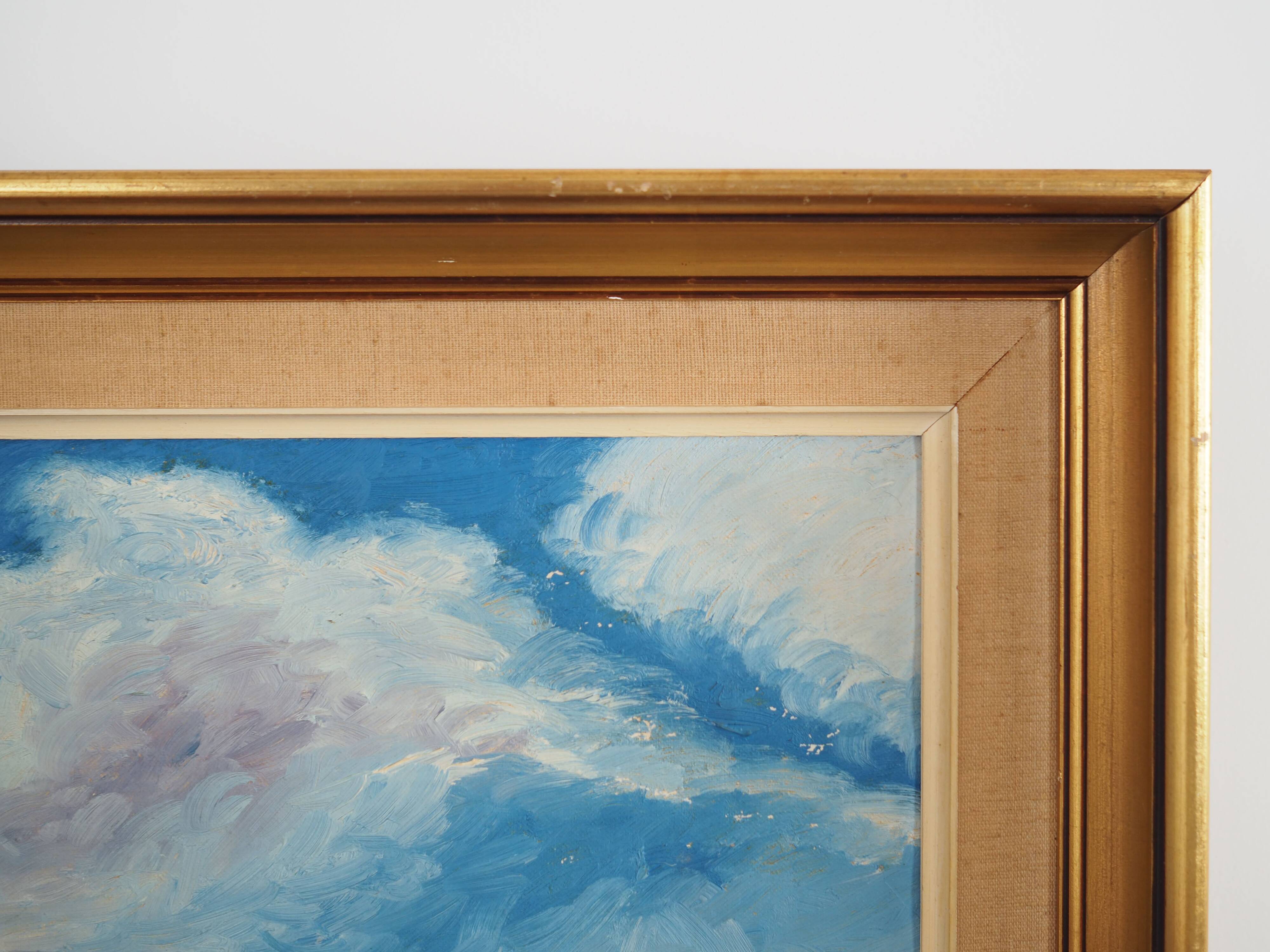 Tableau « Le village dans les nuages », design scandinave, années 1970