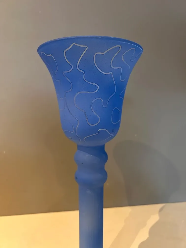 Frosted blue glass tulip vase on a stand. 90s.