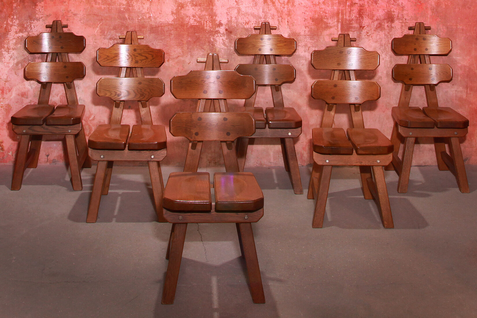 Vintage mid century brutalist solid oak dining chairs, 70