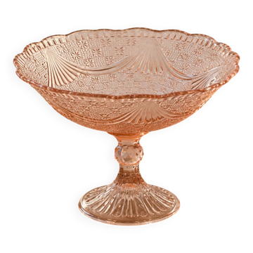 Coupe sur pied vintage en verre rose – Compotier à décor étoilé et drapé – Ø 24 cm
