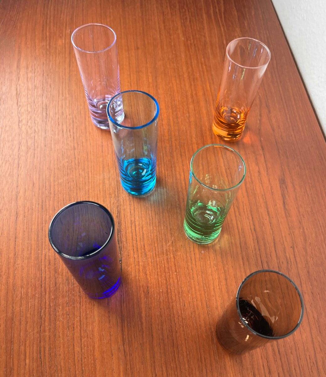Coloured German shot glasses from the mid-century, 1960s, set of 6.