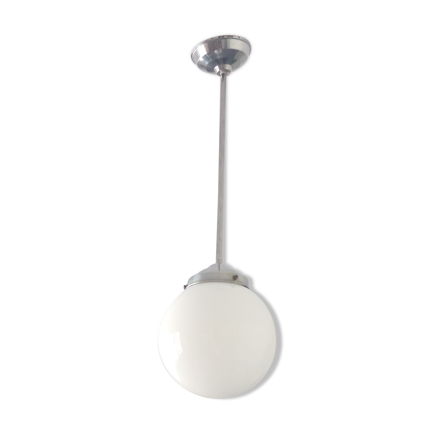 Aluminium and globe ball opaline white hanging lamp1940