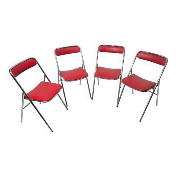 4 chaises pliantes vintage en skaï rouge Plichaise, années 70