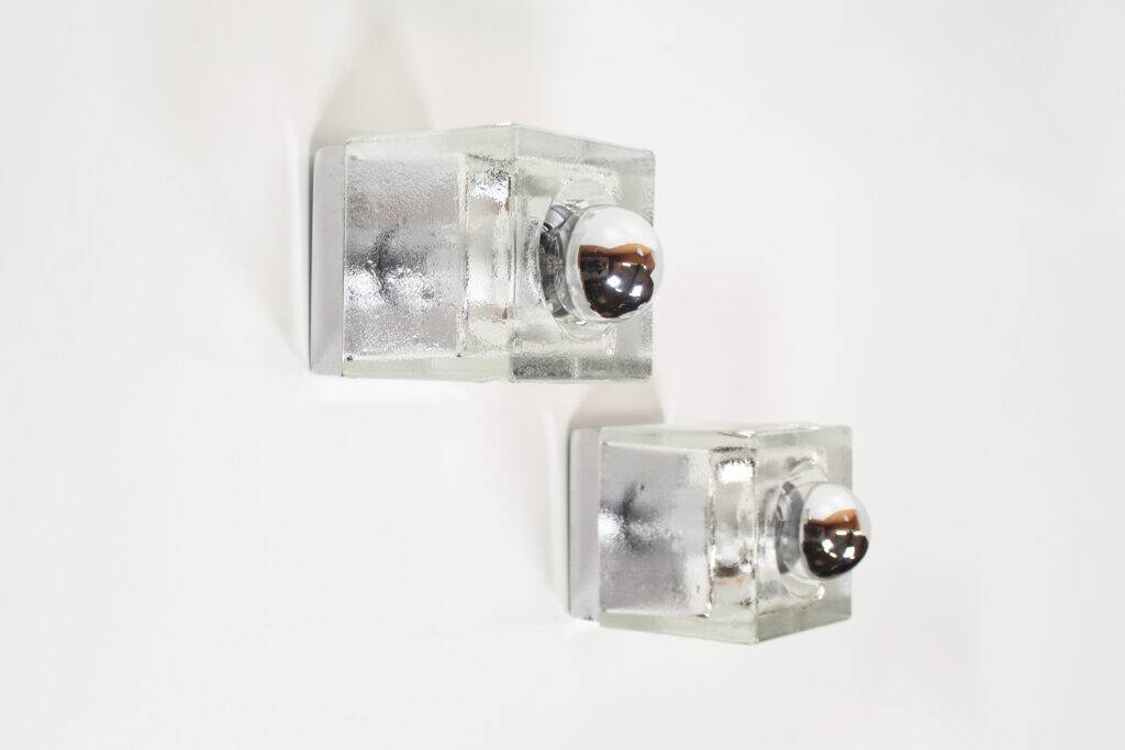 Set (2) of metal and ice glass 'cube' wall lights, Germany 1970s