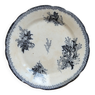 Assiette plate terre de fer Onnaing - Décor végétal bleu noir sur fond ivoi
