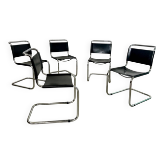Lot 5 tubular chairs S33 design Mart Stam for Fasem in vintage black leather cantilever