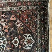 Antique handmade Hamadan Persian rug, ivory medallion on dark background 148x103.