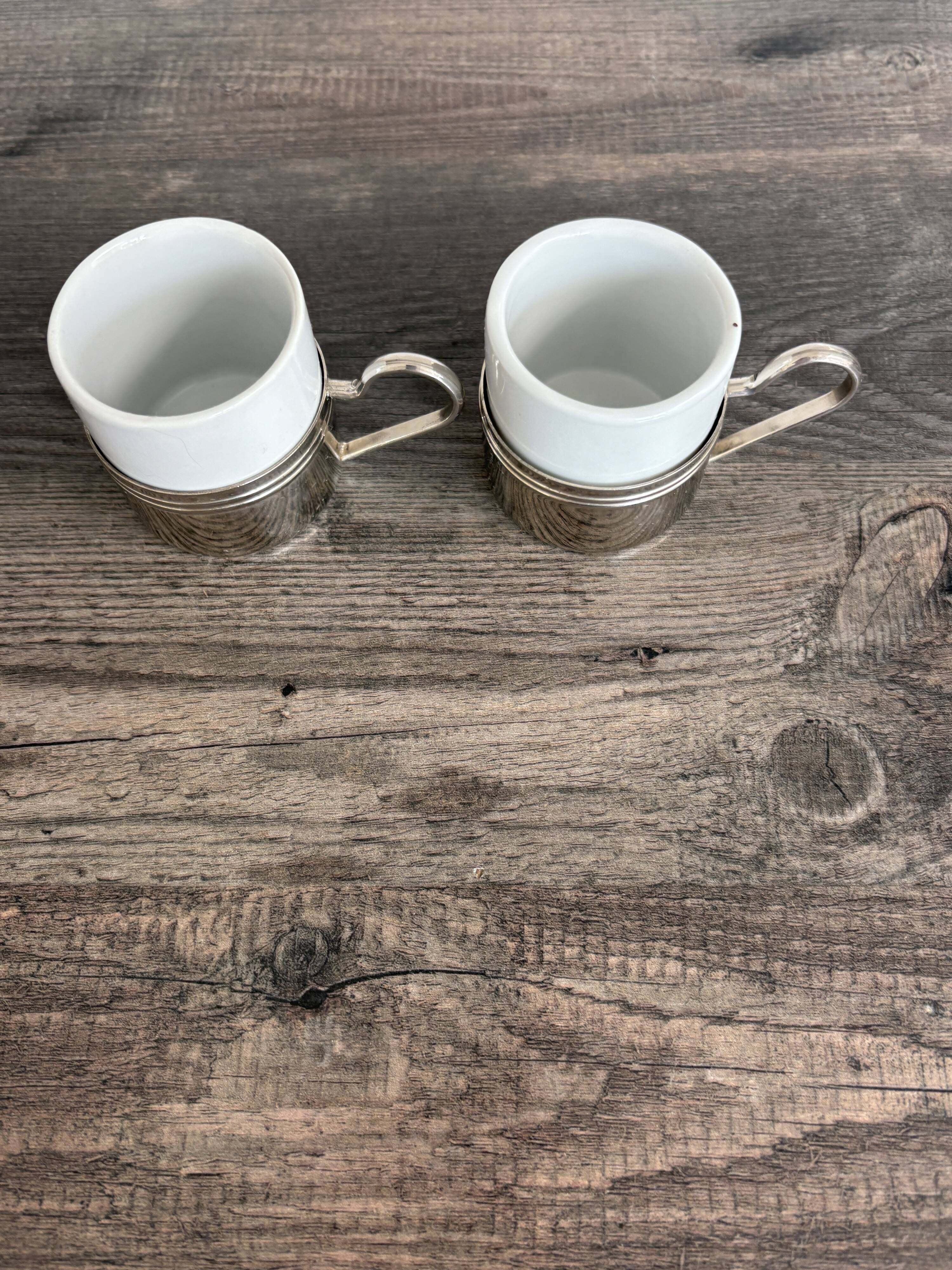 Set of 2 vintage porcelain cups with silver metal stand