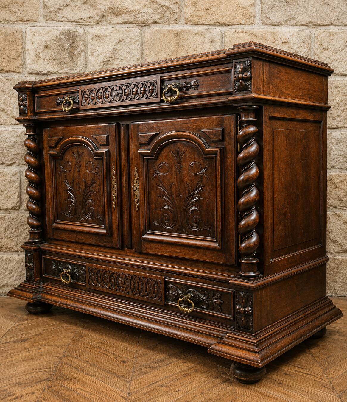 Carved wooden trouser cabinet – Twisted columns – Marble top