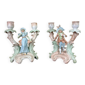 Meissen (d'après) Paire de Bougeoirs en porcelaine Allemande vers 1920