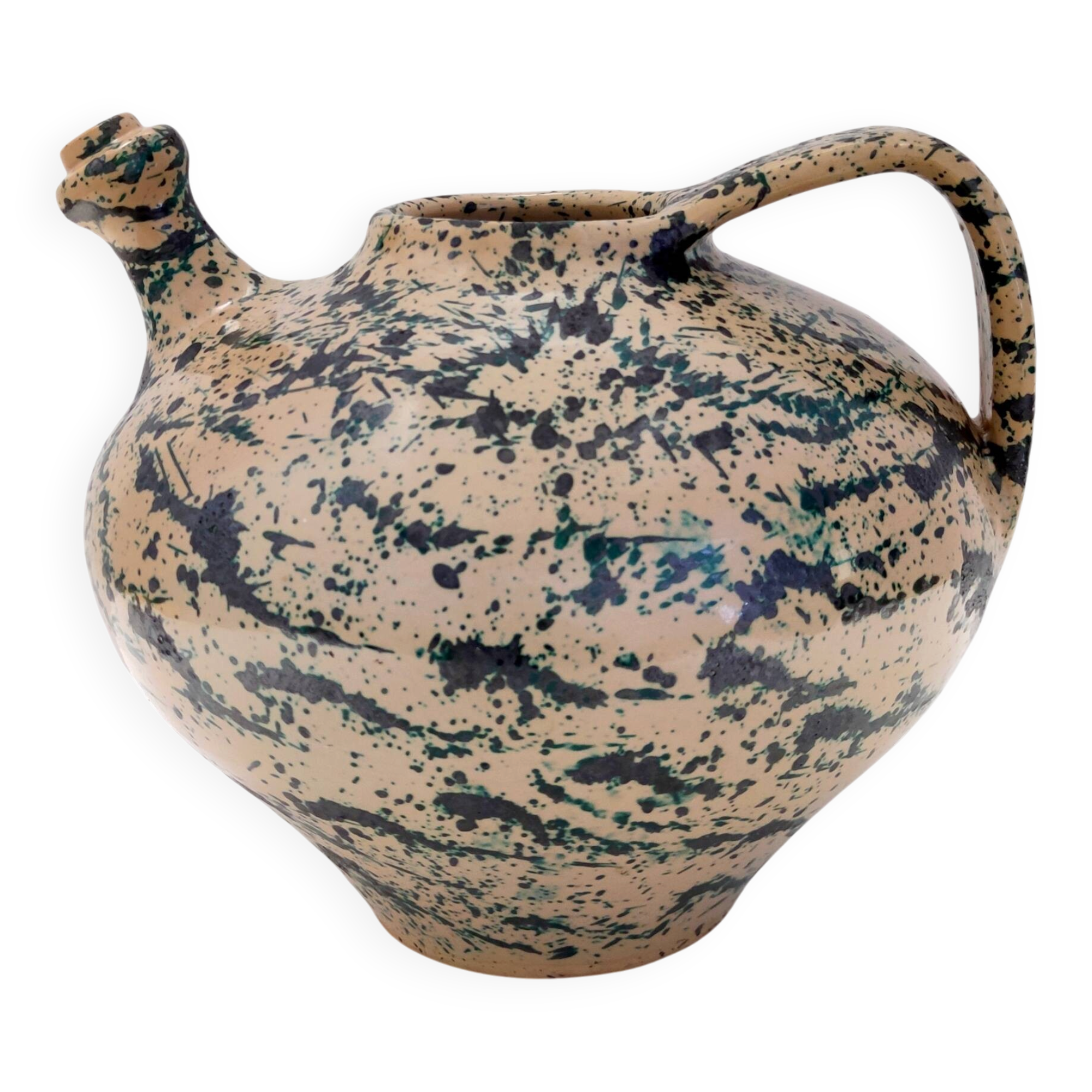 Vase vintage en terre cuite laqué et peint à la main beige et vert, Deruta