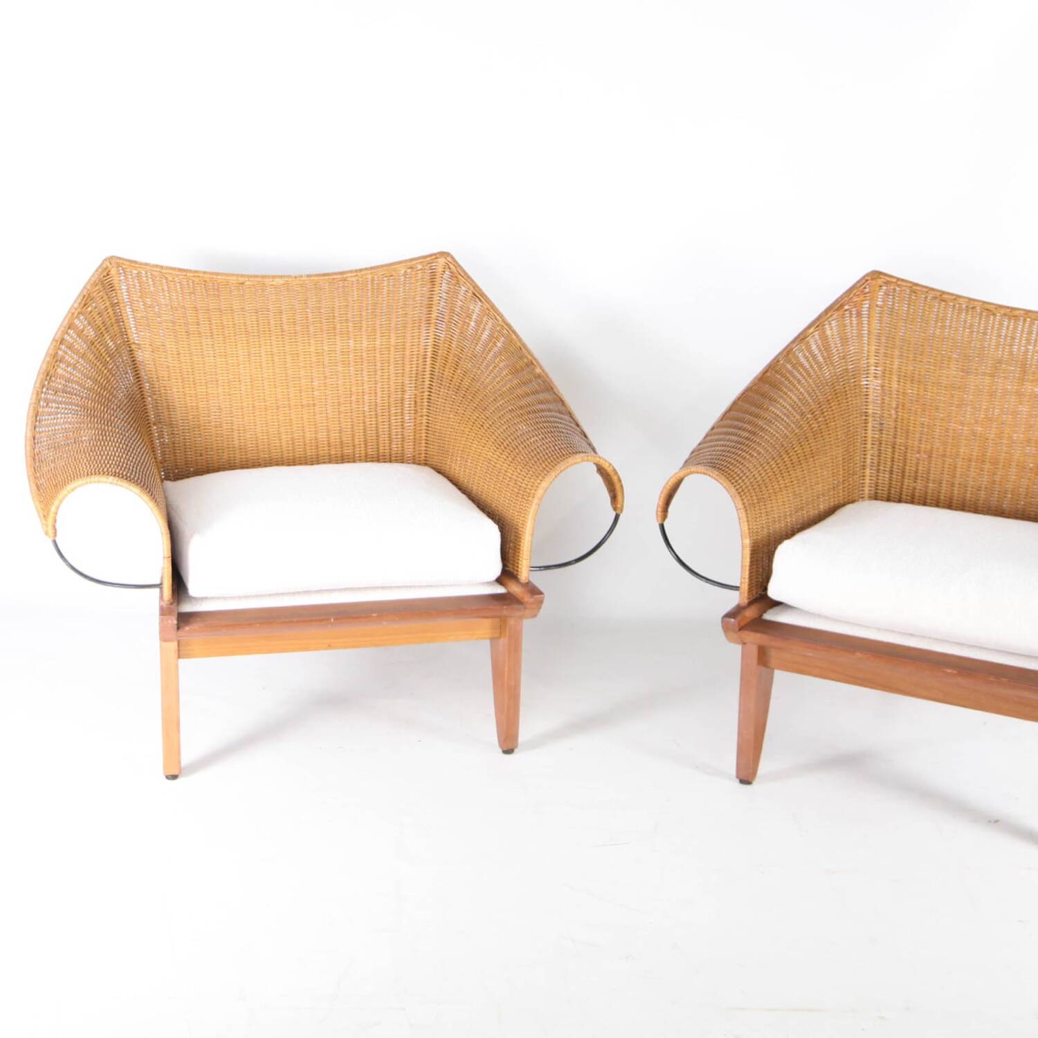 Pair of wooden and wicker armchairs