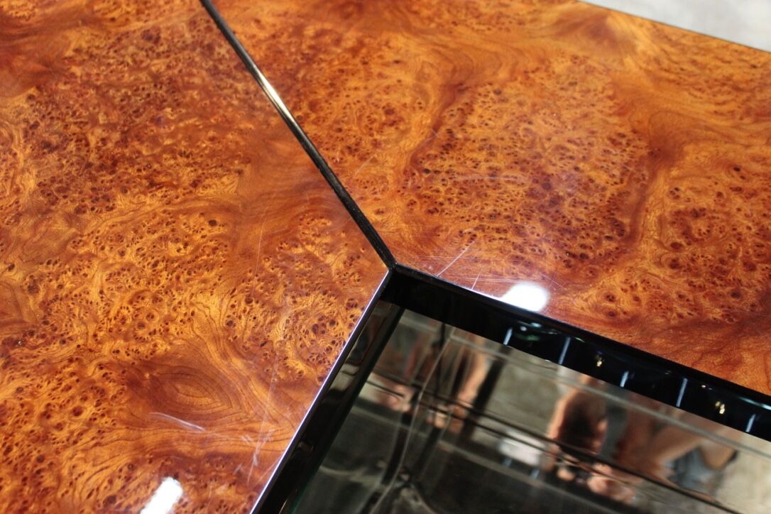 Coffee table, cocktail bar hidden in Elm Magnifier by Paul Michel, 1970 Roche Bobois