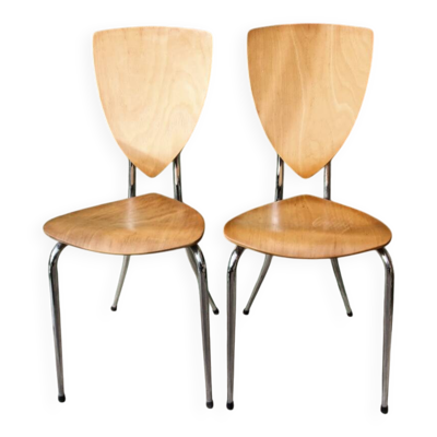 Lot de deux paires de chaises vintage années 70, en métal chromé et hêtre