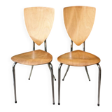 Set of two pairs of vintage 1970s chairs, in chrome metal and beech.