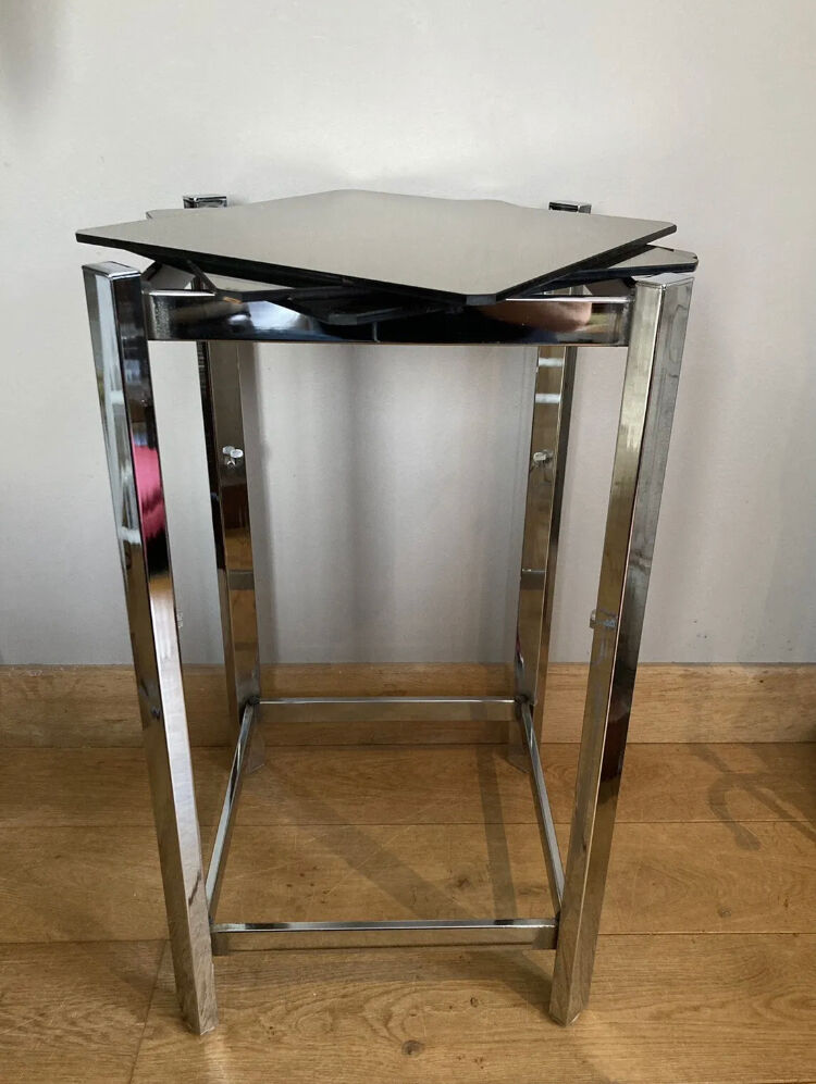 1970s sofa end harness in chromed metal, 3 removable shelves smoked mirrors (available)
