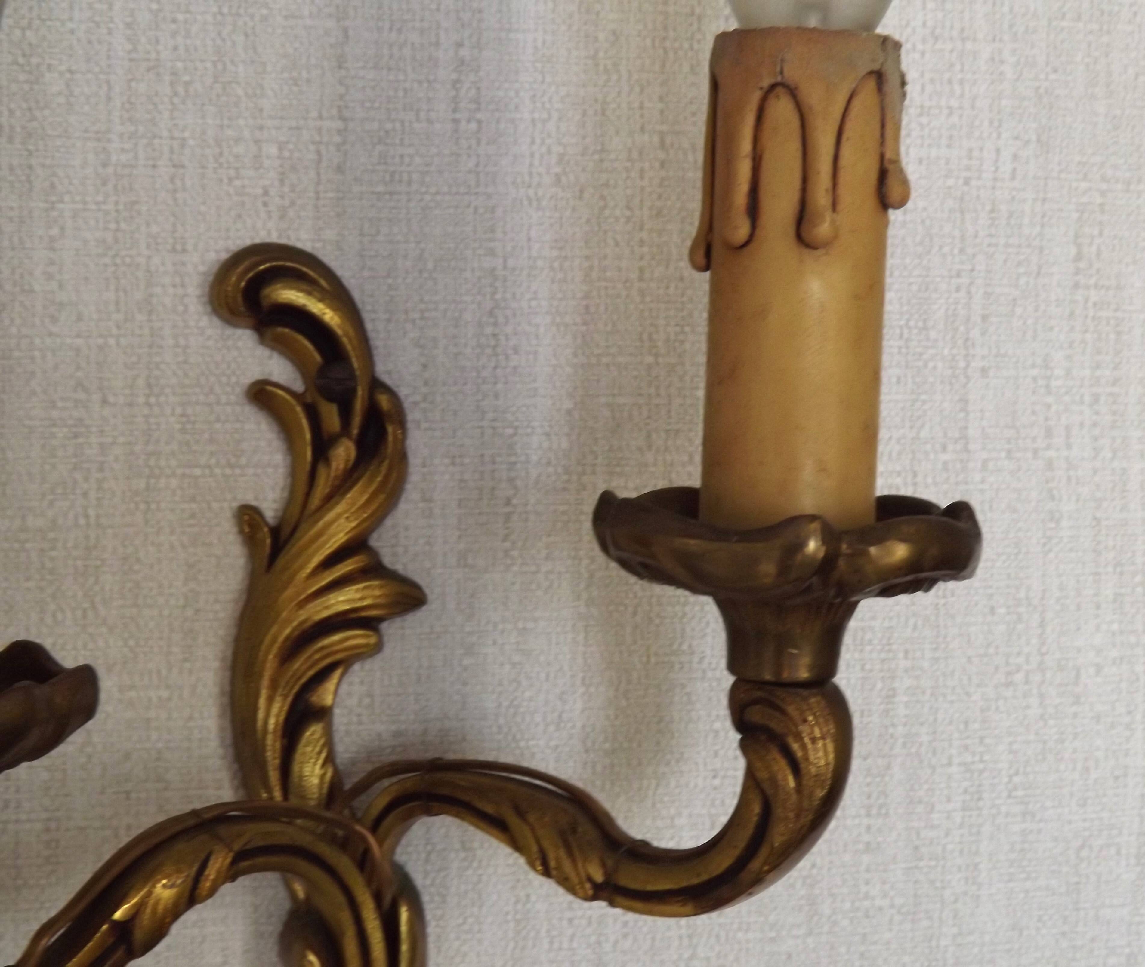 Vintage French Bronze Double Wall Sconces with Acanthus Leaf Detail 5706